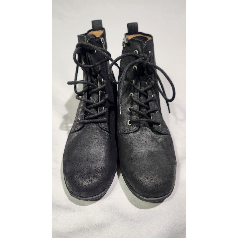 EARTH Janel 9W Leather Black Combat Ankle Boots Lace Up Side‎ Zip Rubber Sole - Picture 4 of 8